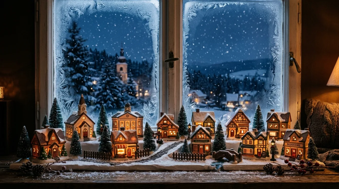 Vintage Christmas village display on a frosted windowsill.